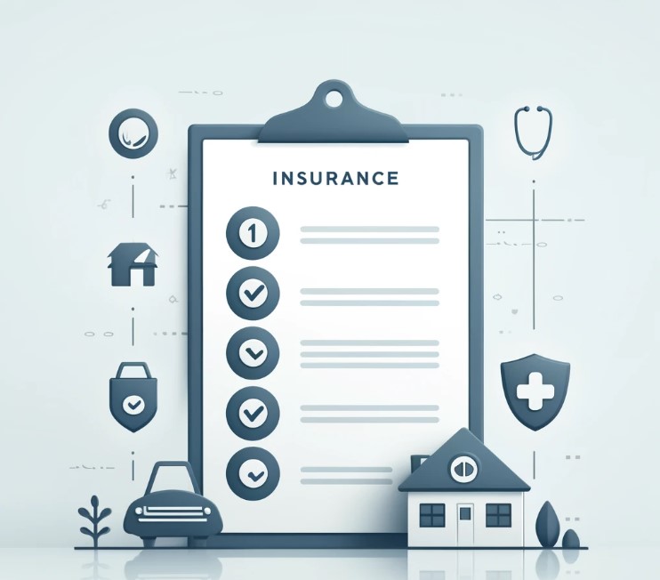 Une illustration minimaliste d'une checklist sur un bureau, accompagnée d'icônes représentant une maison, une voiture et une croix médicale, symbolisant les conseils pour bien choisir une assurance.